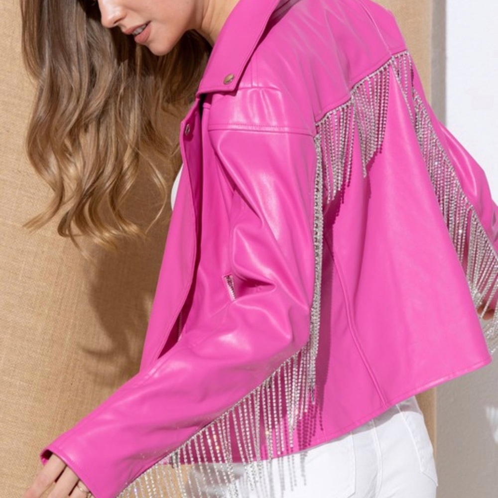 Hot Pink Faux Leather Moto Rhinestone Fringe Jacket